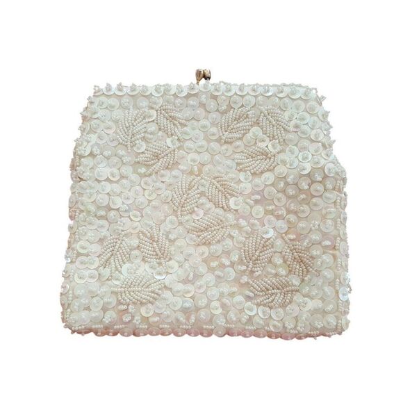 Vintage Pocketbook Ivory Sequin Leaves Gold Chain Shoulder Bag Iridescent Beads - Picture 1 of 5